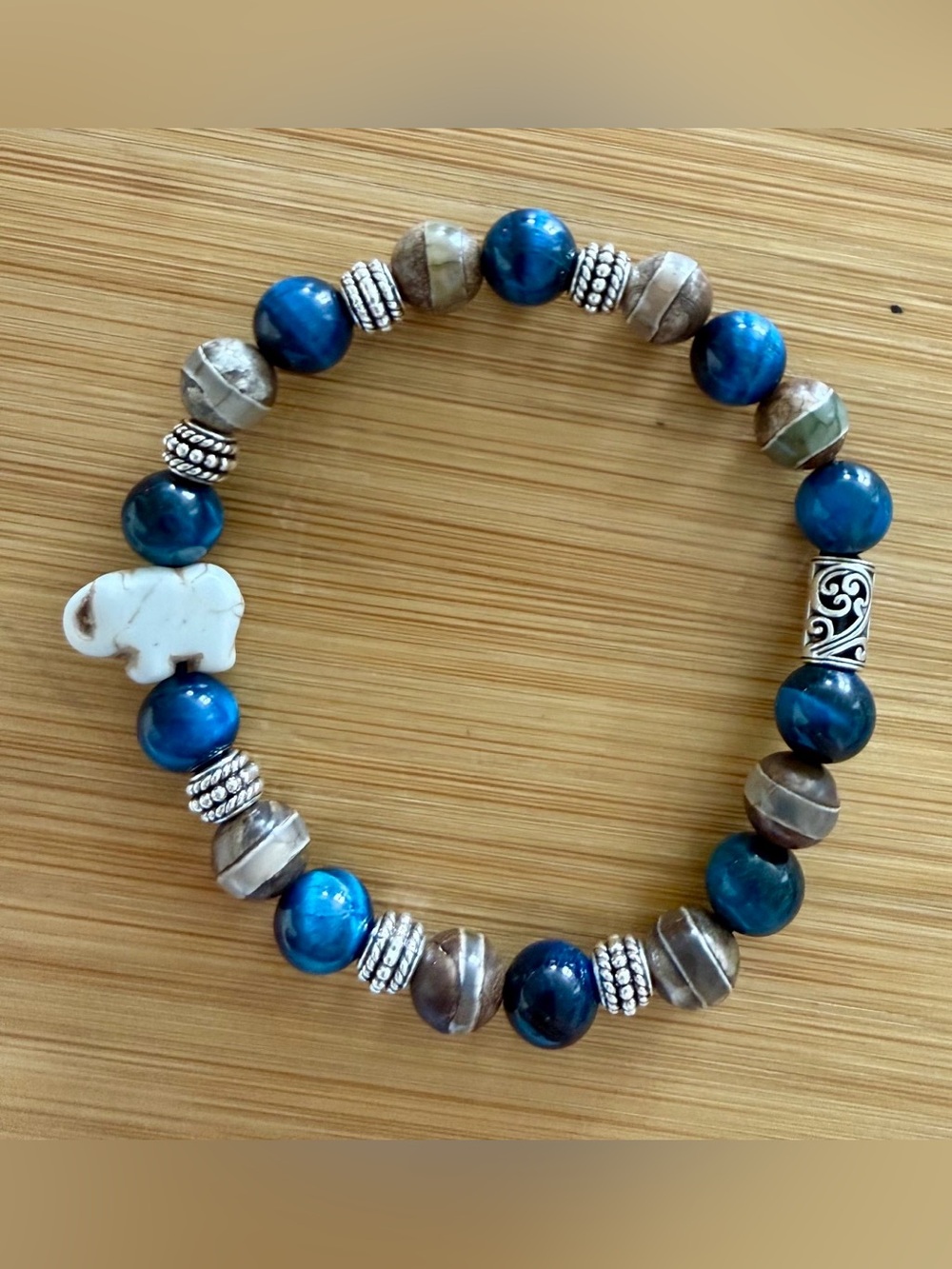 Rare Line Agate/Blue Tigers Eye Bracelet with Elephant Charm Helps Elephants!